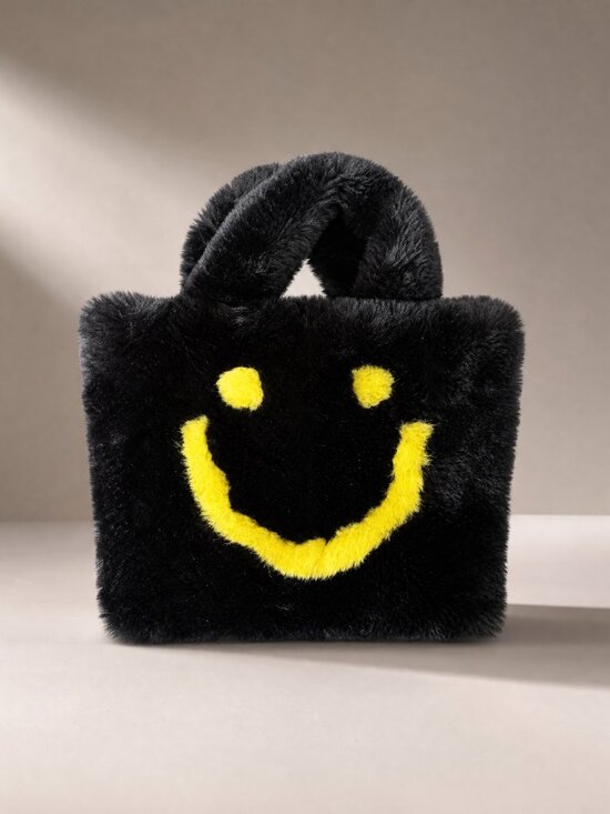 Urban Outfitters Handbags - NWT URBAN OUTFITTERS Black Faux Fur Smiley Face Tote Bag | Plush Top Handle
